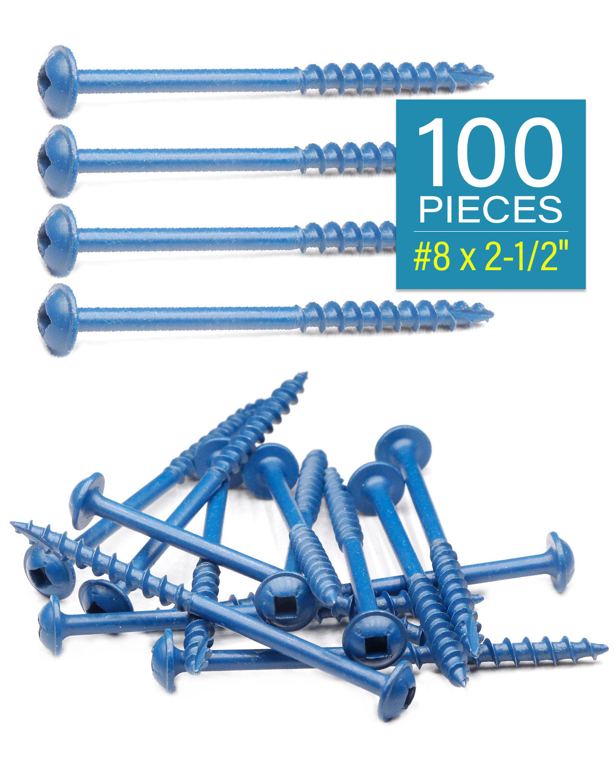 Pocket Hole Screws 100 PCS #8 x 2-1/2 Inch Wood Screws, Square Drive Washer Head Screws, Coarse Thread with Blue Coated for Outdoor, Indoor Use