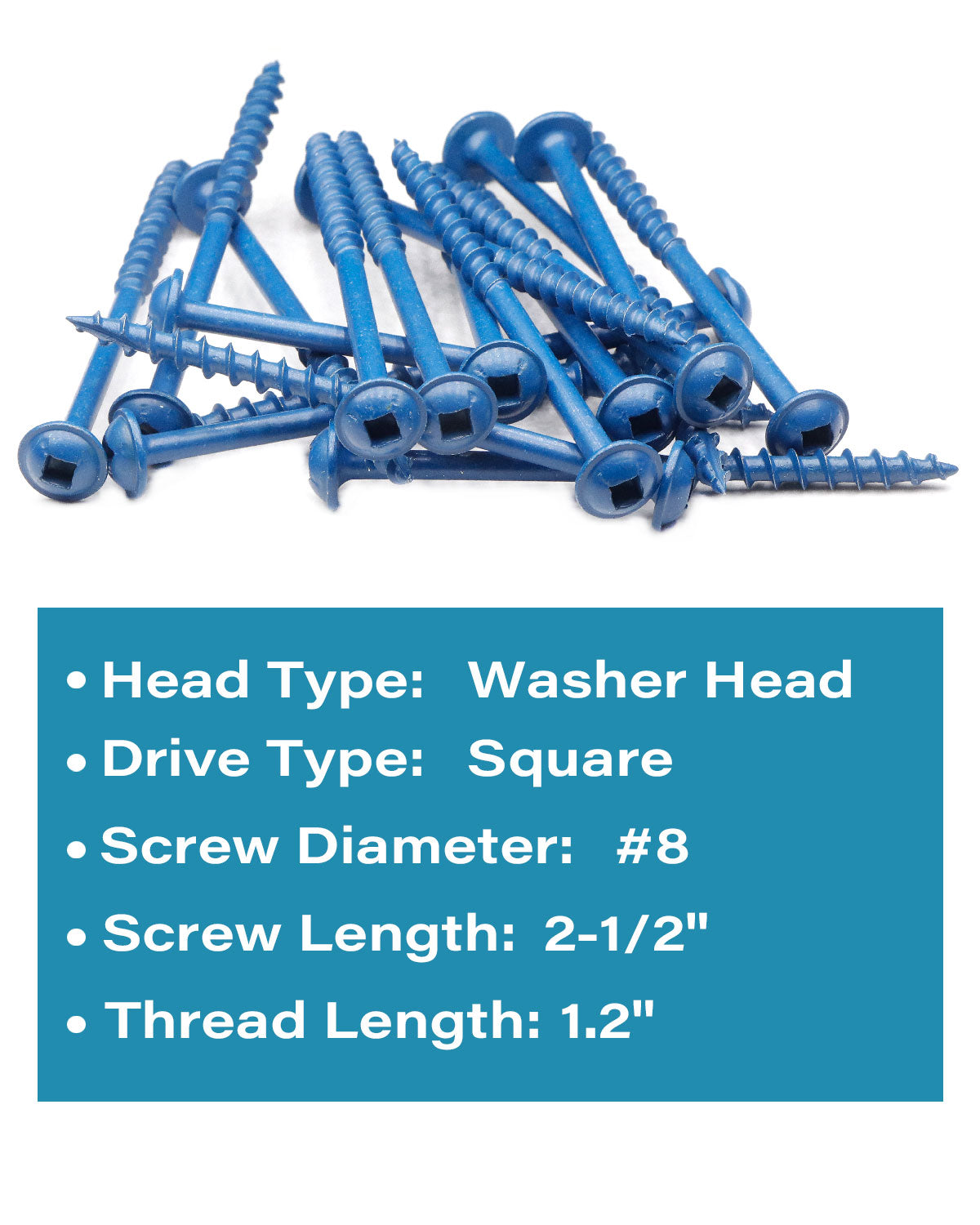 Pocket Hole Screws 100 PCS #8 x 2-1/2 Inch Wood Screws, Square Drive Washer Head Screws, Coarse Thread with Blue Coated for Outdoor, Indoor Use