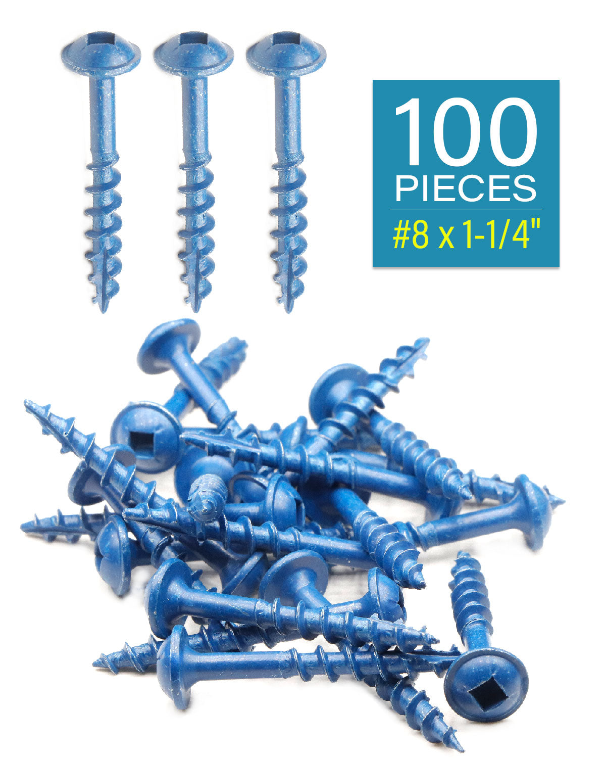 Pocket Hole Screws 100 PCS #8 x 1-1/4 Inch Wood Screws, Square Drive Washer Head Screws, Coarse Thread with Blue Coated for Outdoor, Indoor Use